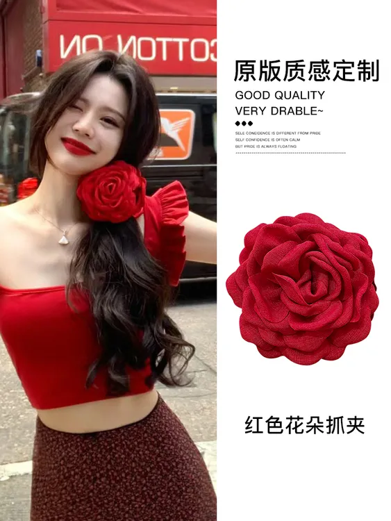 复古气质红色玫瑰花朵抓夹女网红新款头花发卡高级感鲨鱼夹子头饰