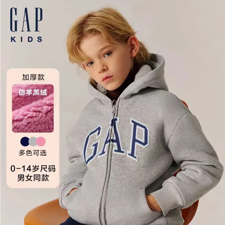 Gap儿童2025冬季新款印花logo抓绒连帽卫衣经典儿童装外套642656