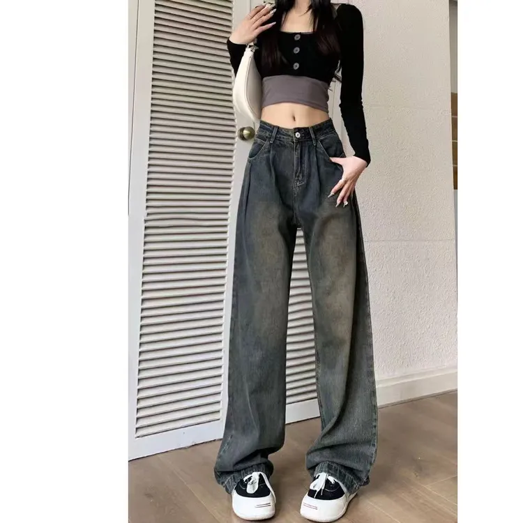 设计感褶皱水泥灰阔腿牛仔裤女秋冬季新款宽松高腰显瘦垂感直筒裤