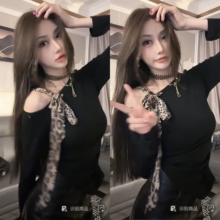 【77定制】♥变款大王♥辣妹纯欲风豹纹系带黑色露肩针织上衣长袖