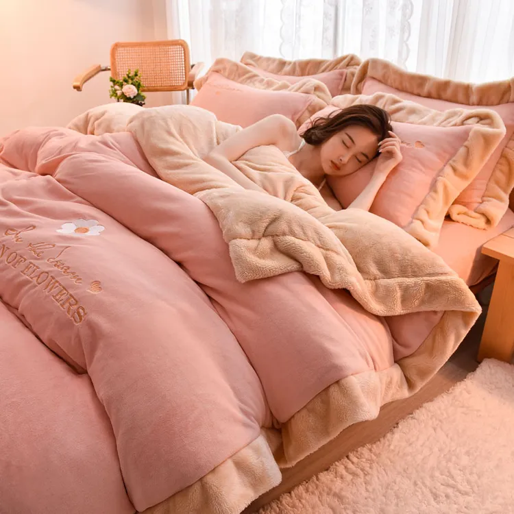 齐飞冬季加厚保暖牛奶绒四件套双面绒毛绒床单被套床上用品套件