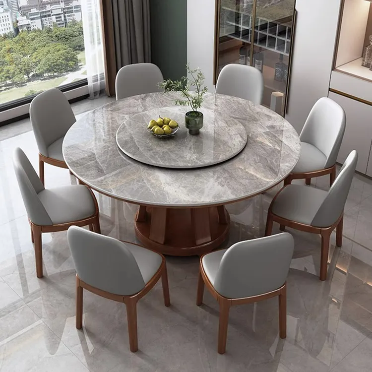 岩板餐桌实木圆形家用圆桌转盘现代简约小户型高端电磁炉吃饭桌子
