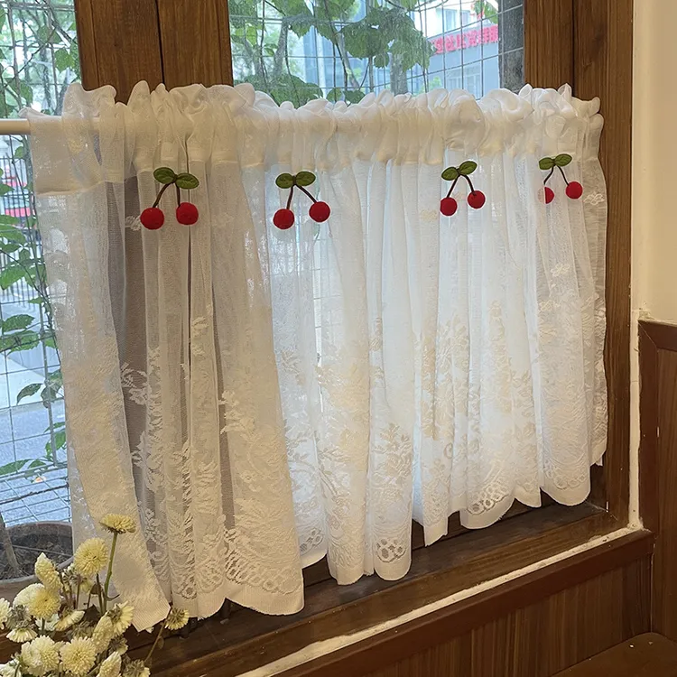田园免打孔蕾丝白纱半帘短帘门帘纱帘美式乡村厨房帘隔断魔术贴