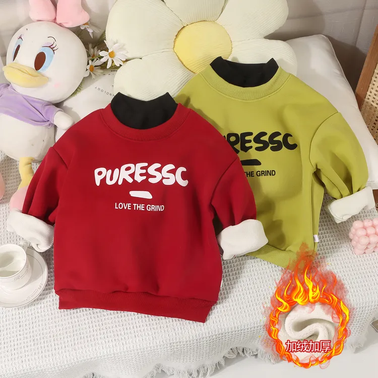 儿童男童加绒新款高领卫衣加厚韩版女童宝宝安可拉红上衣