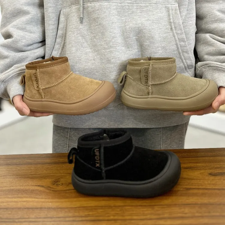 冬季新款儿童低帮真皮雪地靴韩版女童防踢圆头棉靴防滑保暖时尚