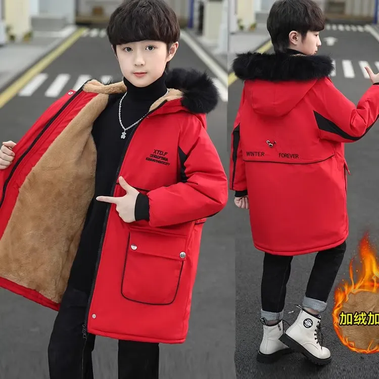 男童冬季棉衣2024新款儿童红色加绒加厚棉服中大童夹棉派克服棉袄