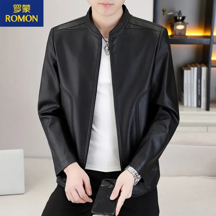 Romon/罗蒙新款男士立领皮衣双11好物中年休闲薄款加绒皮夹克外套