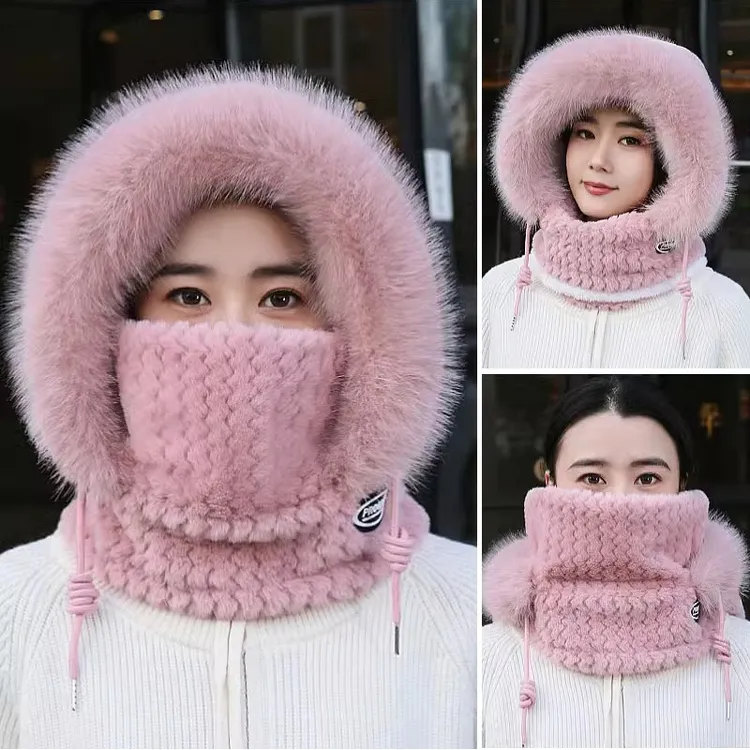 新款加厚保暖面罩围脖一体帽子女冬季防寒户外骑行护脸毛绒防风帽