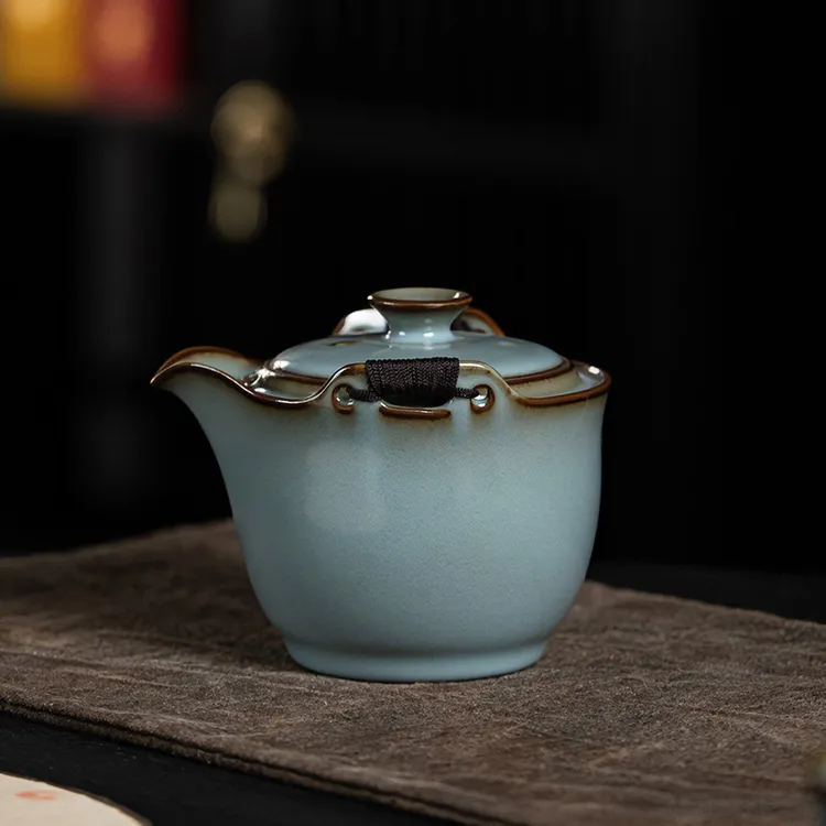 西园堂 铁胎汝窑手抓壶 可开片养线手工泡茶碗 家用陶瓷双耳茶壶