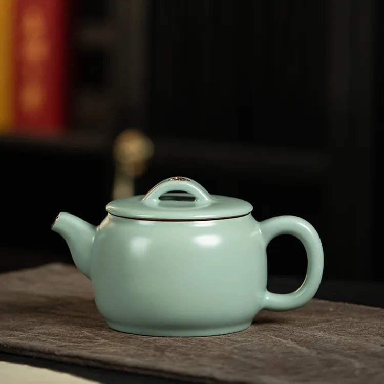 弘茗道 铁胎汝窑豆绿汉瓦壶 原矿玛瑙釉 大容量家用陶瓷泡茶壶
