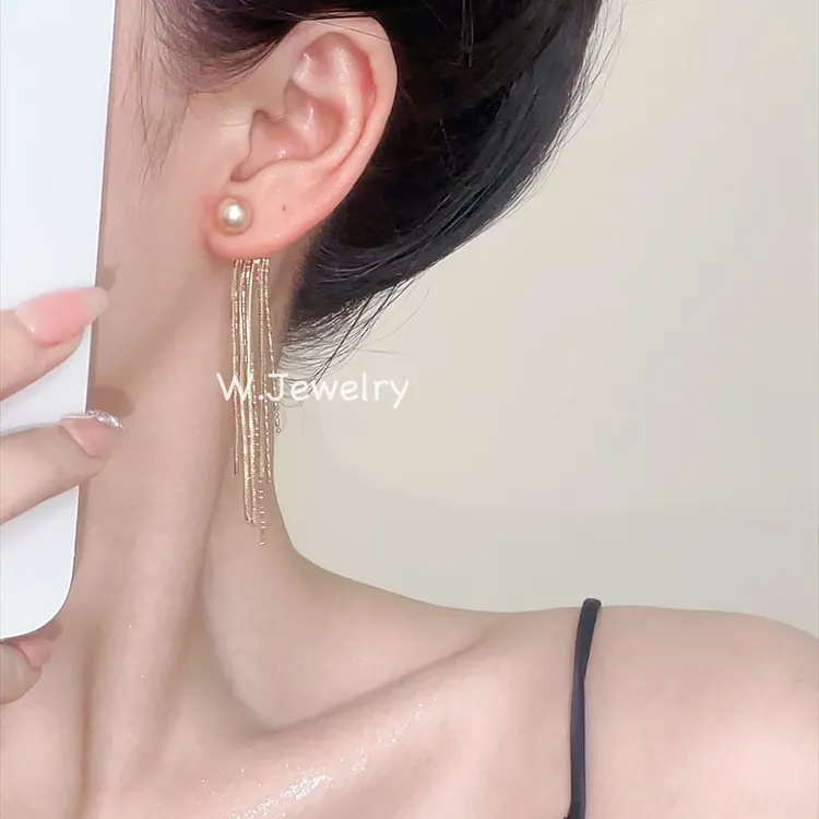 合金耳饰 气质两戴圆珠流苏耳环显瘦轻奢百搭小众简约设计感耳饰