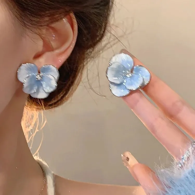 合金耳饰 实物巨美~超仙蓝色温柔水滴釉花朵耳环优雅法式花朵耳钉