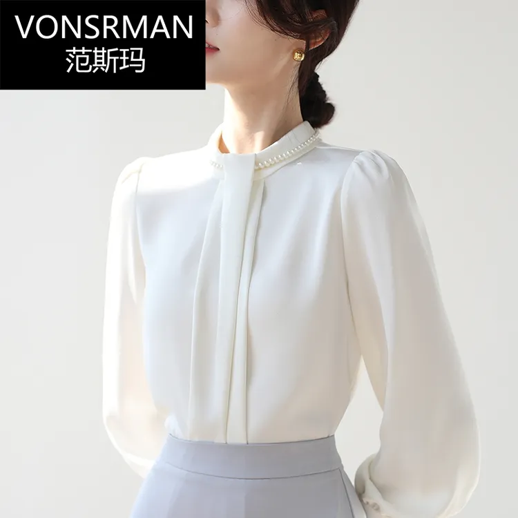 法式珍珠立领衬衫上衣白色新款格子春季短袖条纹真丝高端复古职业