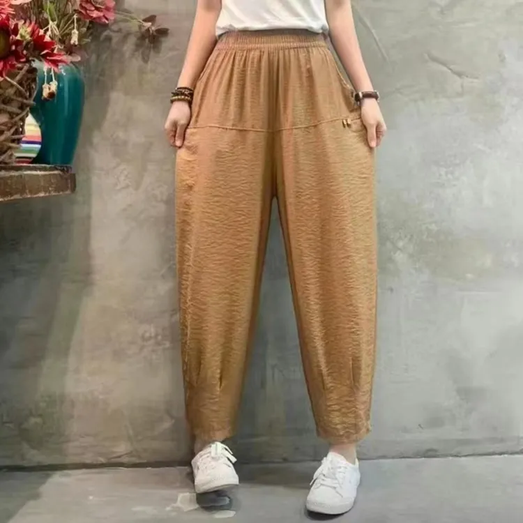 中年妈妈裤子女夏季薄款宽松休闲哈伦裤时尚洋气减龄高腰直筒裤子