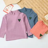 2005加厚男女童T恤衫韩版条纹宝宝小高领打底衫双面暖绒打底上衣