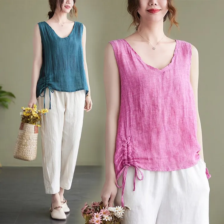 复古文艺百搭薄款小背心宽松V领抽绳摆无袖上衣气质外穿内搭打底
