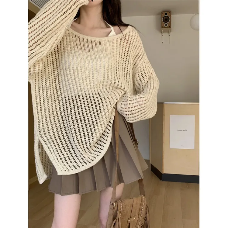 KANING慵懒风镂空针织衫2024早春新款宽松休闲罩衫防晒外搭上衣女