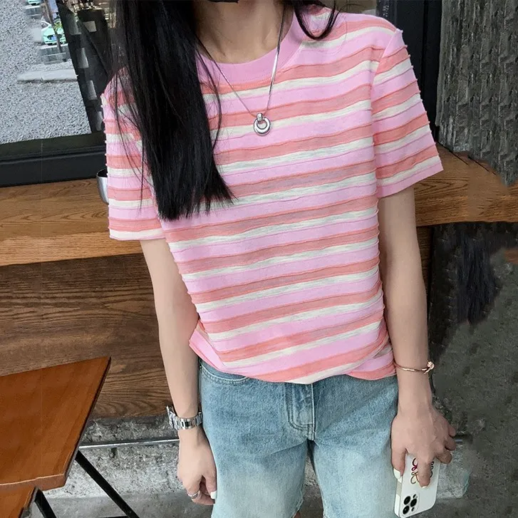 CHOW＆FAY夏季新款粗条纹t恤短袖显瘦百搭短款上衣
