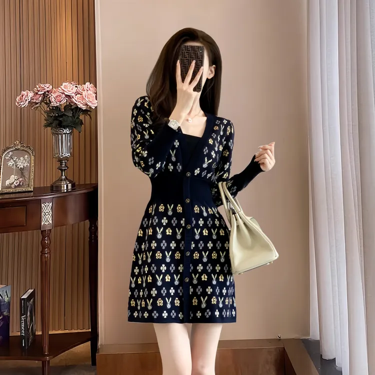 法式小香风长袖时尚气质连衣裙女2024春秋新款收腰显瘦碎花打底裙