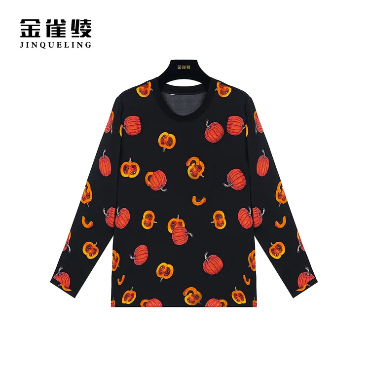 金雀绫【小南瓜】桑蚕丝圆领休闲百搭印花潮流衬衫SZ4S27