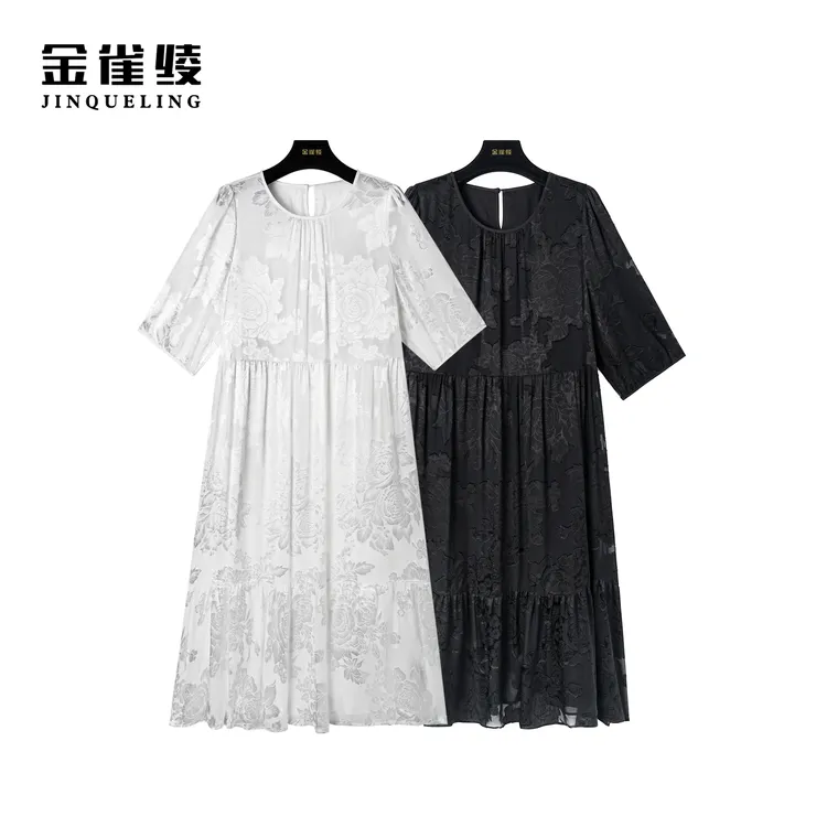 金雀绫【国色天香】桑蚕丝轻奢气质白色提花设计感连衣裙AL6119