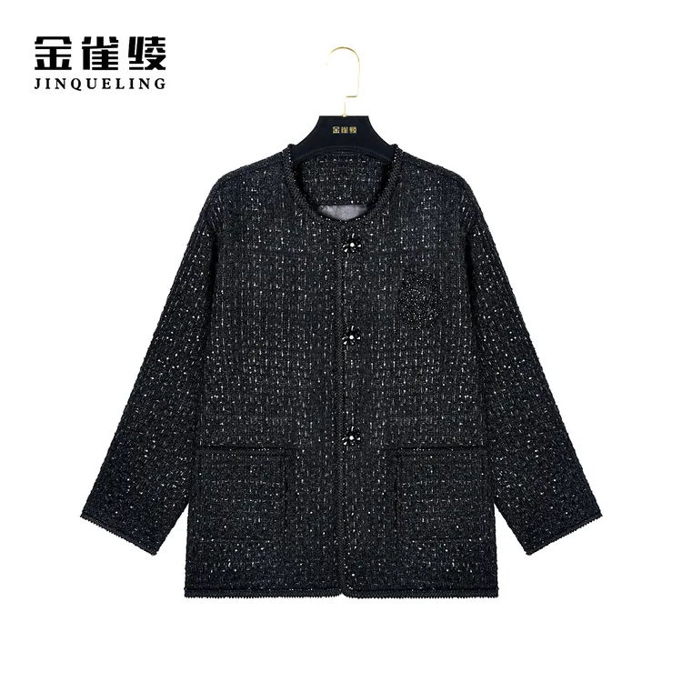 金雀绫【黑金山茶花】秋冬新款设计师轻奢小香风外套BT7013
