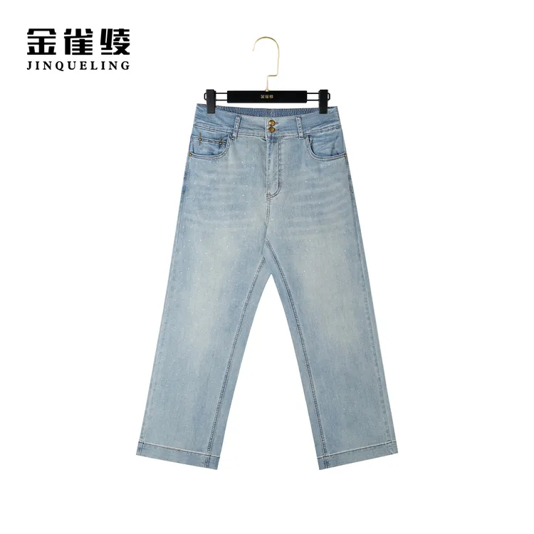 金雀绫【满天星辰】新款夏季高腰直筒时尚烫钻牛仔裤K0270
