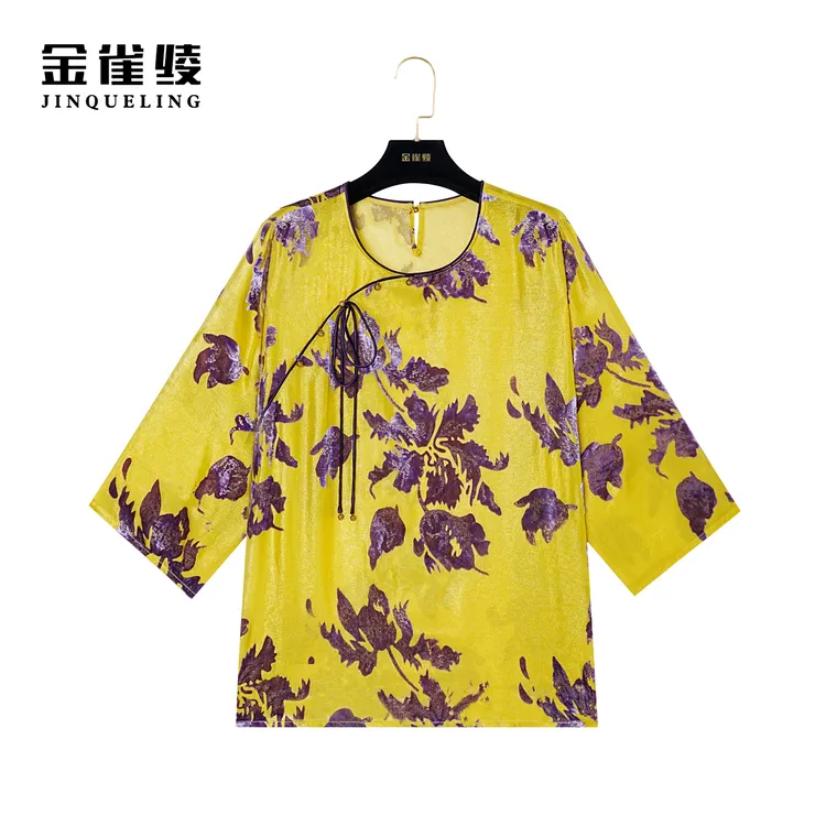 金雀绫【金丝眷】桑蚕丝新中式宽松丝绒气质小衫AS6262