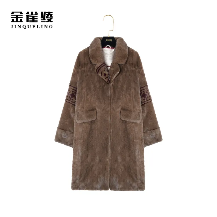 金雀绫【】冬季新款水貂皮草帕斯条翻领中长款外套K0193