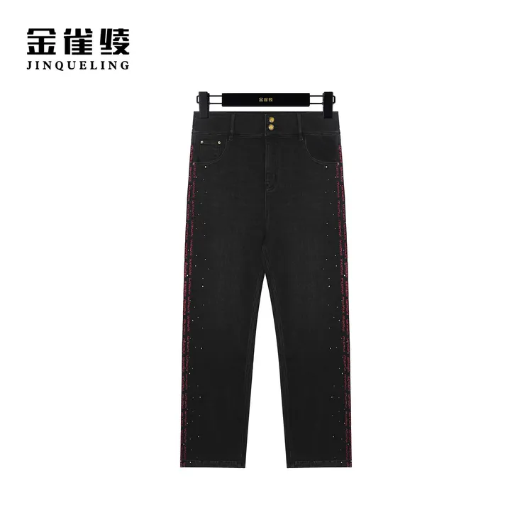 金雀绫【加绒红绣星光】冬季新款时尚刺绣加绒直筒长款牛仔裤KLK89