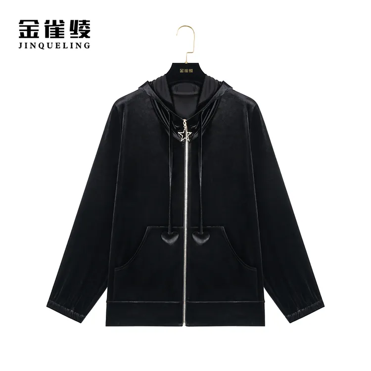 金雀绫【心跳乐园】新款弹力醋酸休闲连帽上衣女外套BT7003