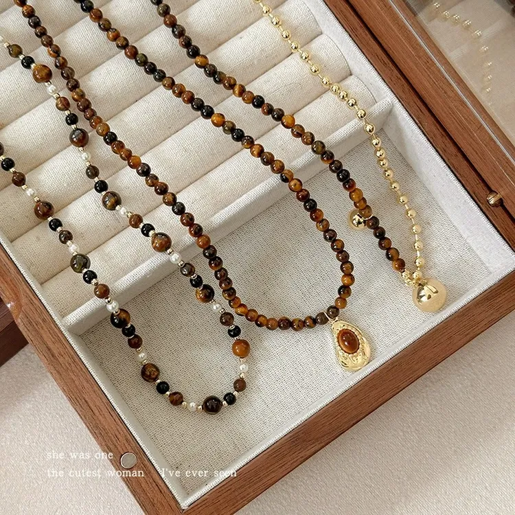 合金仿珍珠吊坠 法式高级感猫眼石串珠项链毛衣链锁骨首饰链配饰