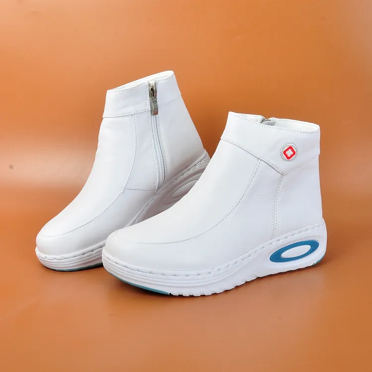 吧佰布冬季真皮护士鞋女白色加绒保暖短靴舒适软底医护工作鞋厚底