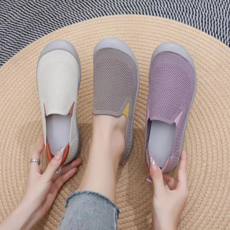 中老年轻便针织女鞋百搭软底一脚蹬乐福网面透气妈妈中老年妈妈鞋