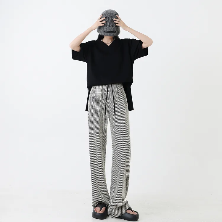 2024春季新款金丝斜条纹小个子裤女宽松百搭拖地裤高腰瘦版阔腿裤