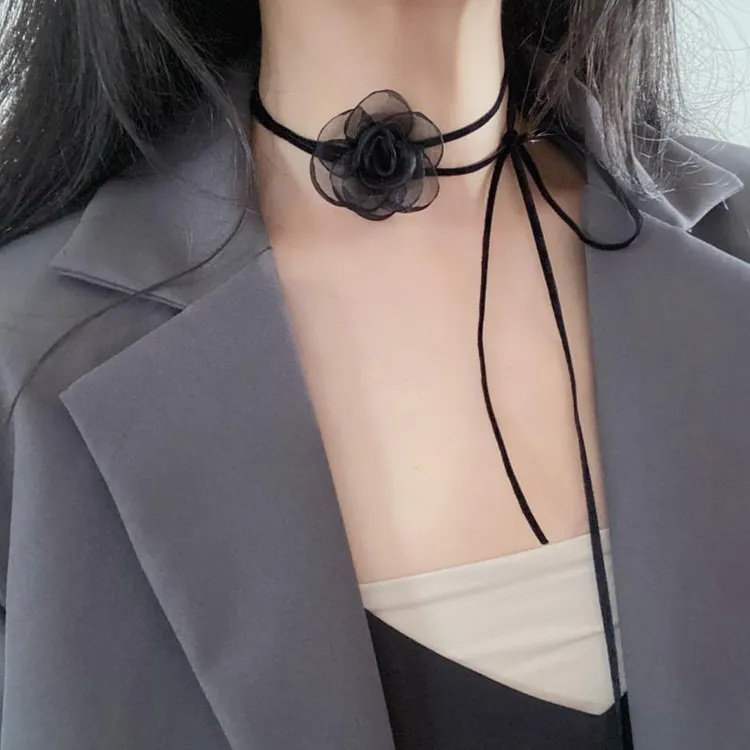 非金属布艺项链 立体花朵绑带颈链玫瑰花choker项链女颈花颈带系