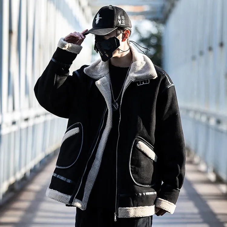 AOGZ国潮牌机车棉服男女冬季新款羊羔麂皮绒皮毛一体情侣保暖外套