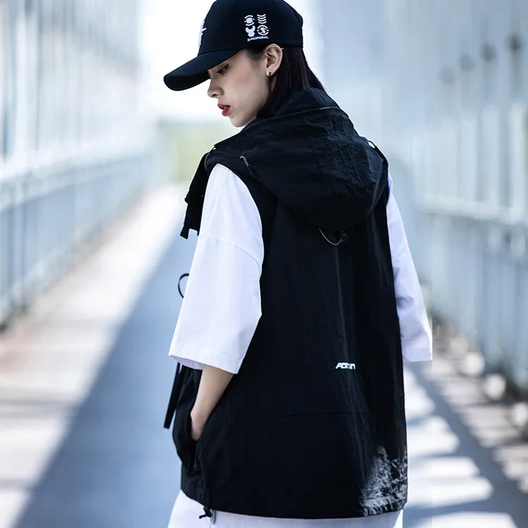 AOGZ高端潮牌连帽工装马甲男款夏季户外马夹高级感男装背心