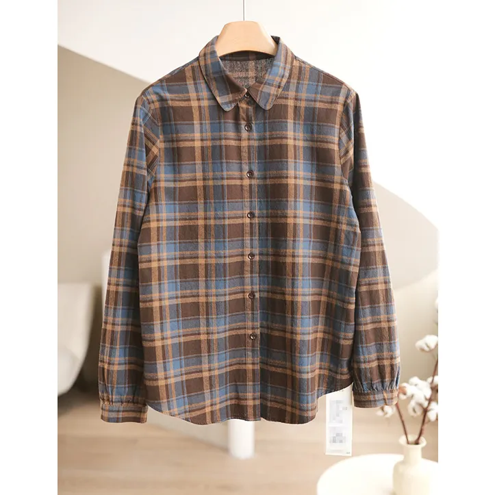 薄款  洋气配色 100%棉 文艺休闲格纹撞色长袖衬衫女2025初春叠穿