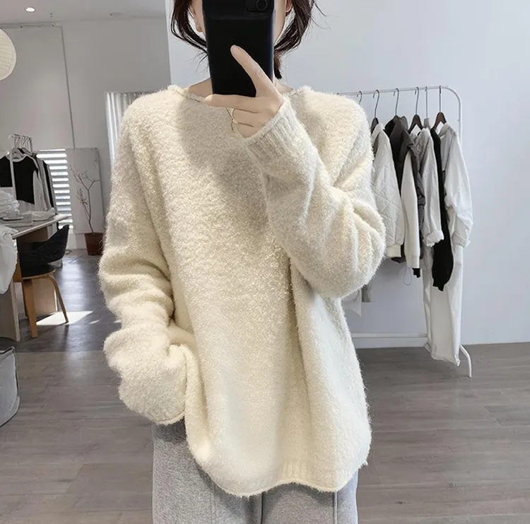 圈圈纱米白色大毛衣套头女冬加厚宽松外穿慵懒风软糯中长款针织衫