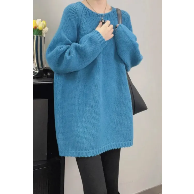 设计感纯色中长款毛衣女2025新款慵懒风加厚秋冬遮屁股圆领针织衫