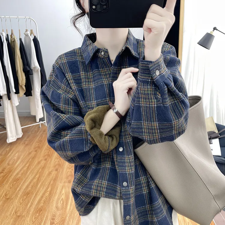 专柜品质 冬装加绒格子衬衫女宽松上衣百搭复古翻领加厚保暖衬衣