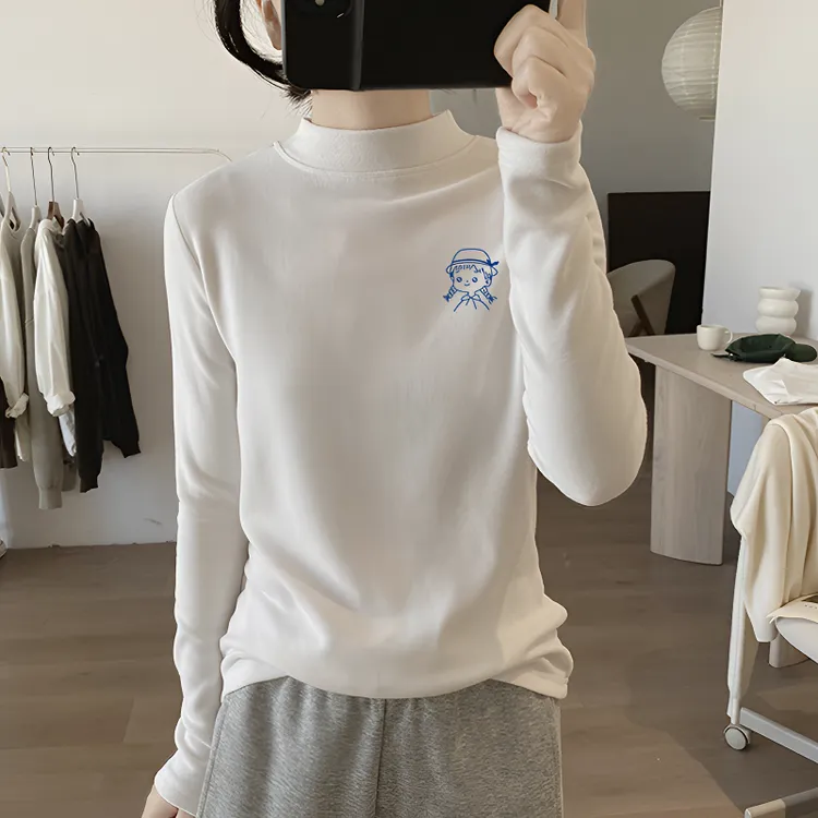 欧货女装正肩半高领加绒t恤秋冬新款韩版印花打底衫内搭加厚上衣