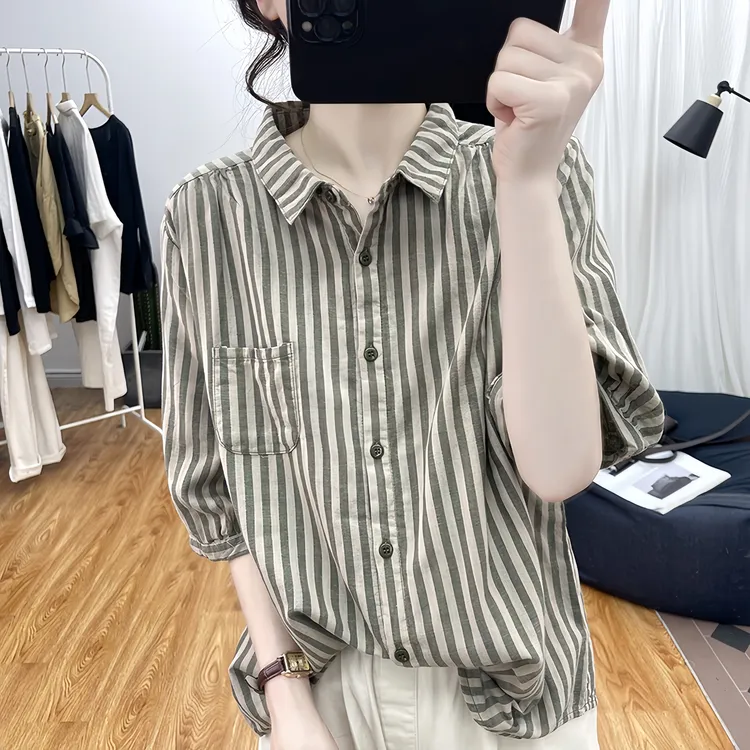春夏装复古polo领松条纹短袖衬衫女上衣2025新款半袖衬衣纯棉