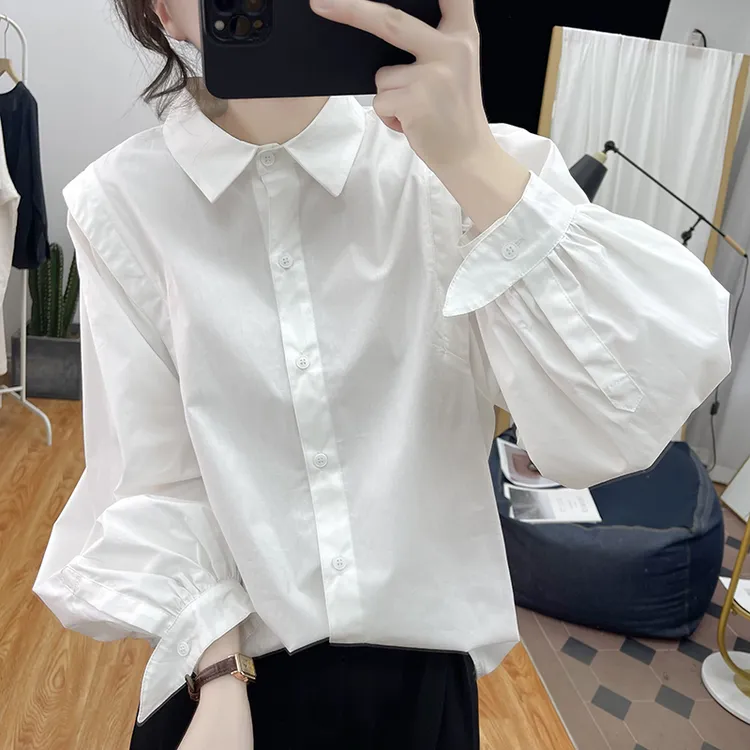 高品质~纯棉灯笼袖长袖白色衬衫女气质秋宽松减龄上衣打底衫衬衣