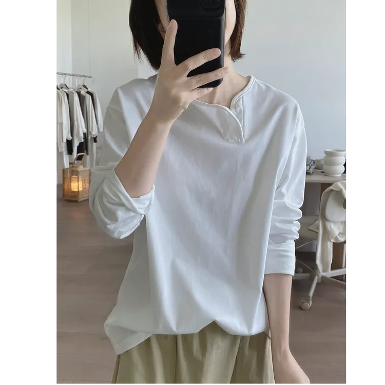 爆款优质白色t恤女长袖秋冬新款宽松简约设计感休闲韩版上衣打底