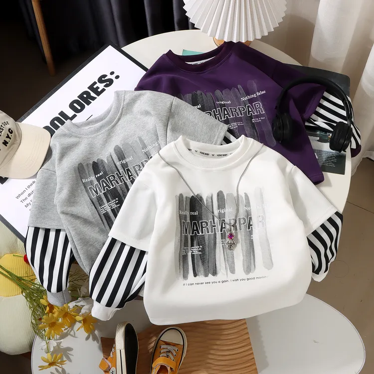 新款潮酷拼接假两件卫衣儿童潮流韩版长袖T恤圆领宽松男童秋装