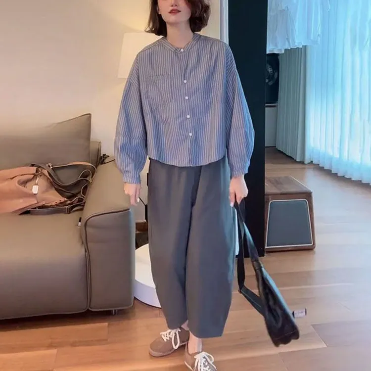 春季条纹时尚女装套装2025年松弛感休闲长袖上衣宽松独特漂亮小衫