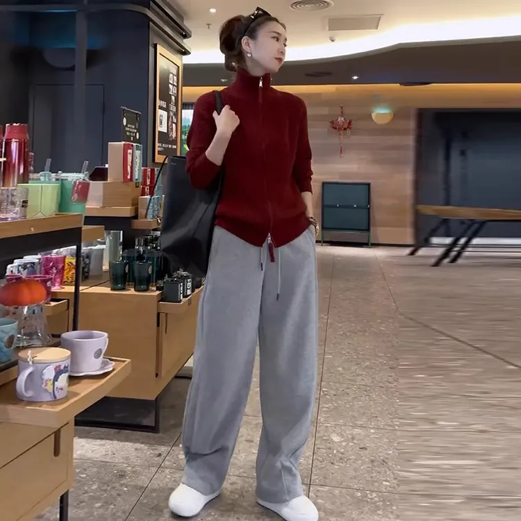 长袖春季女装时尚套装拉链纯色简约宽松针织衫休闲直筒裤子两件套