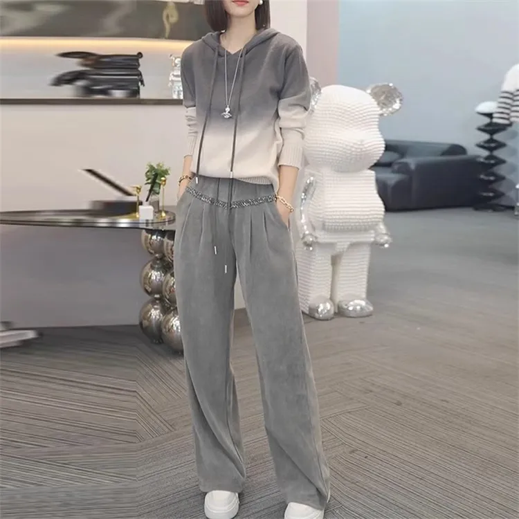 设计感高级渐变色连帽针织衫女装2025春季新款高腰阔腿裤两件套潮